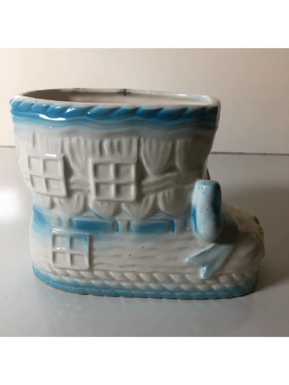Vintage Baby Boot Planter Ceramic Nursery Decor Noahs Ark Animals Blue White